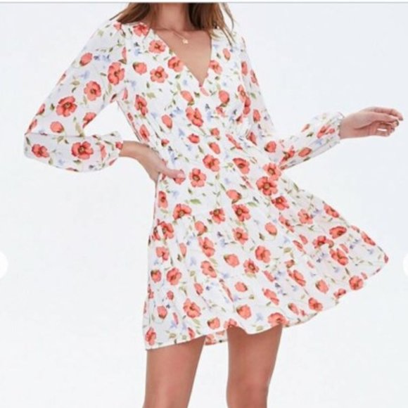 Forever 21 Dresses & Skirts - Forever 21 Floral Long Sleeve Tiered-Hem Mini Dress  Size Medium